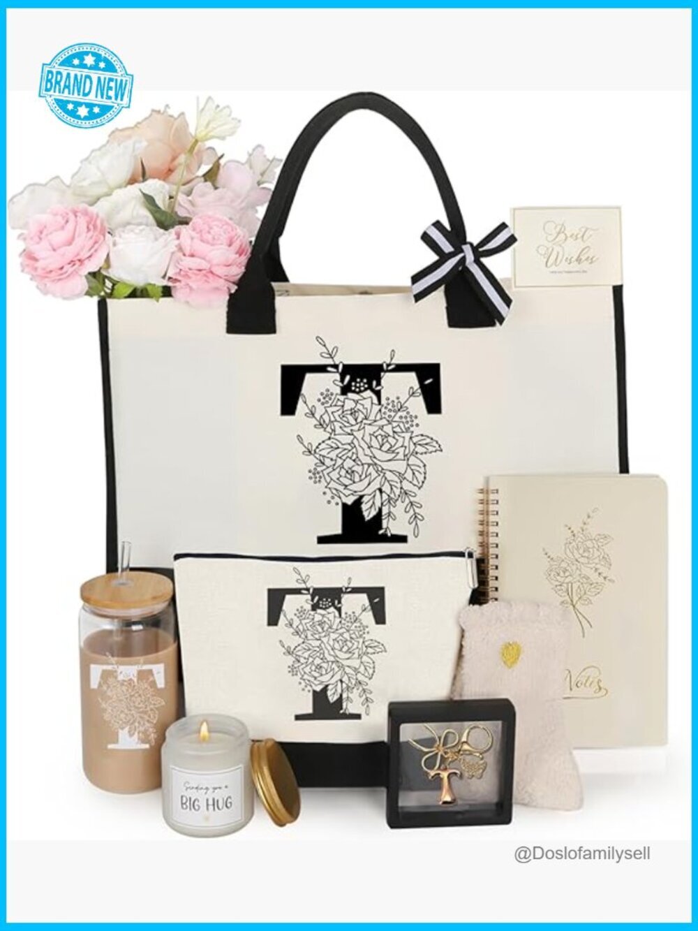 Monogrammed Initial Tote Bag Gift Set for Women - 7 Piece Set